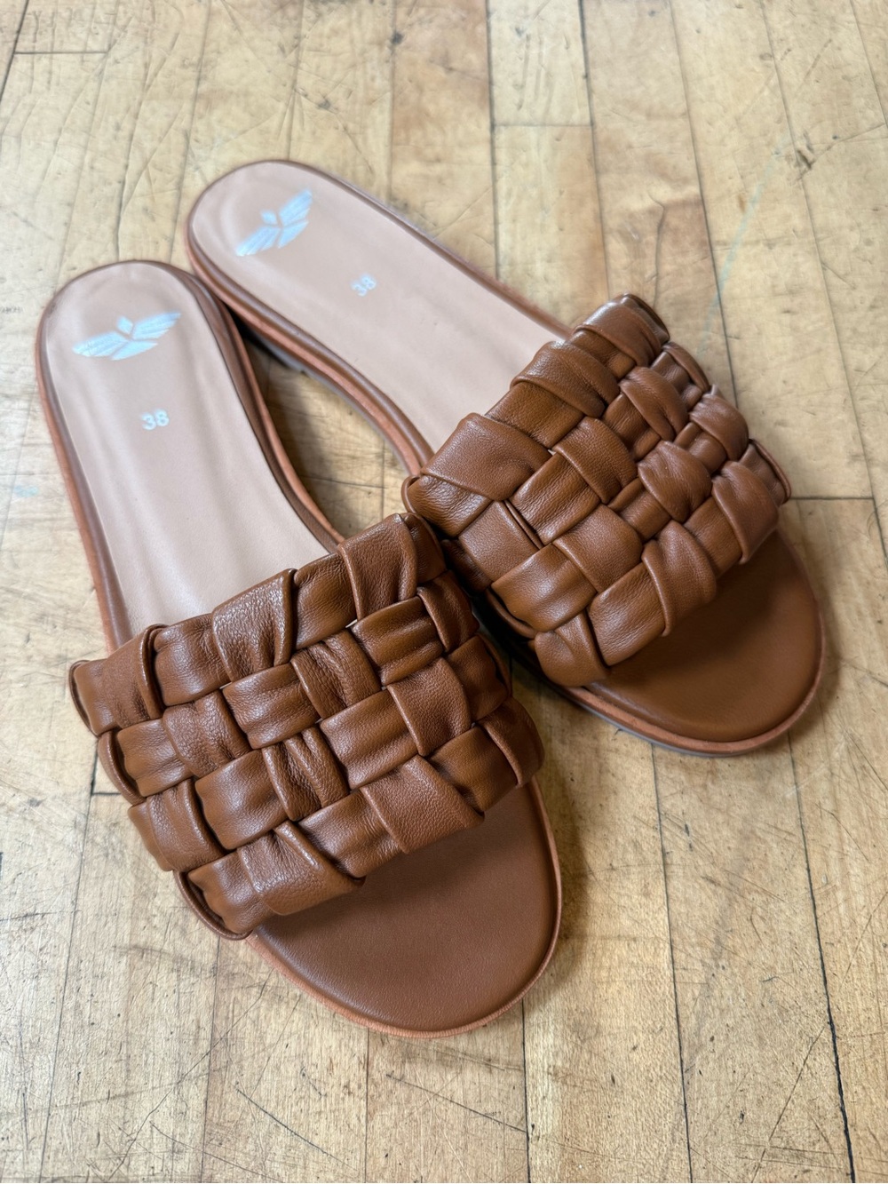 FORTRESS OF INCA Woven Leather Slides Slip On Sandals Tan Brown Minimal Boho 7